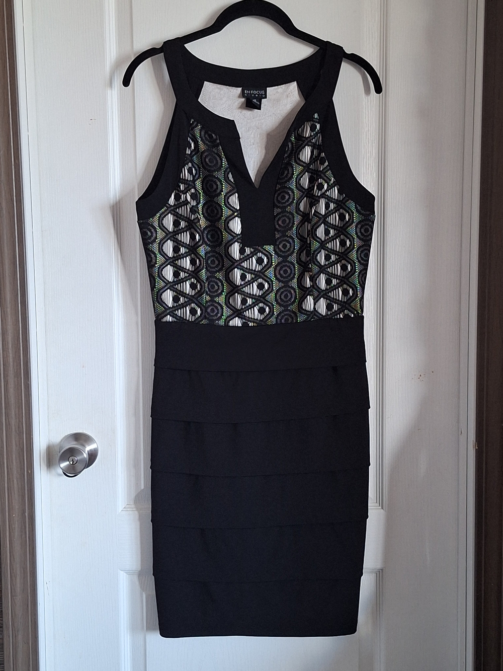 En Focus Black Mini Dress with Beige Patterned Bodice